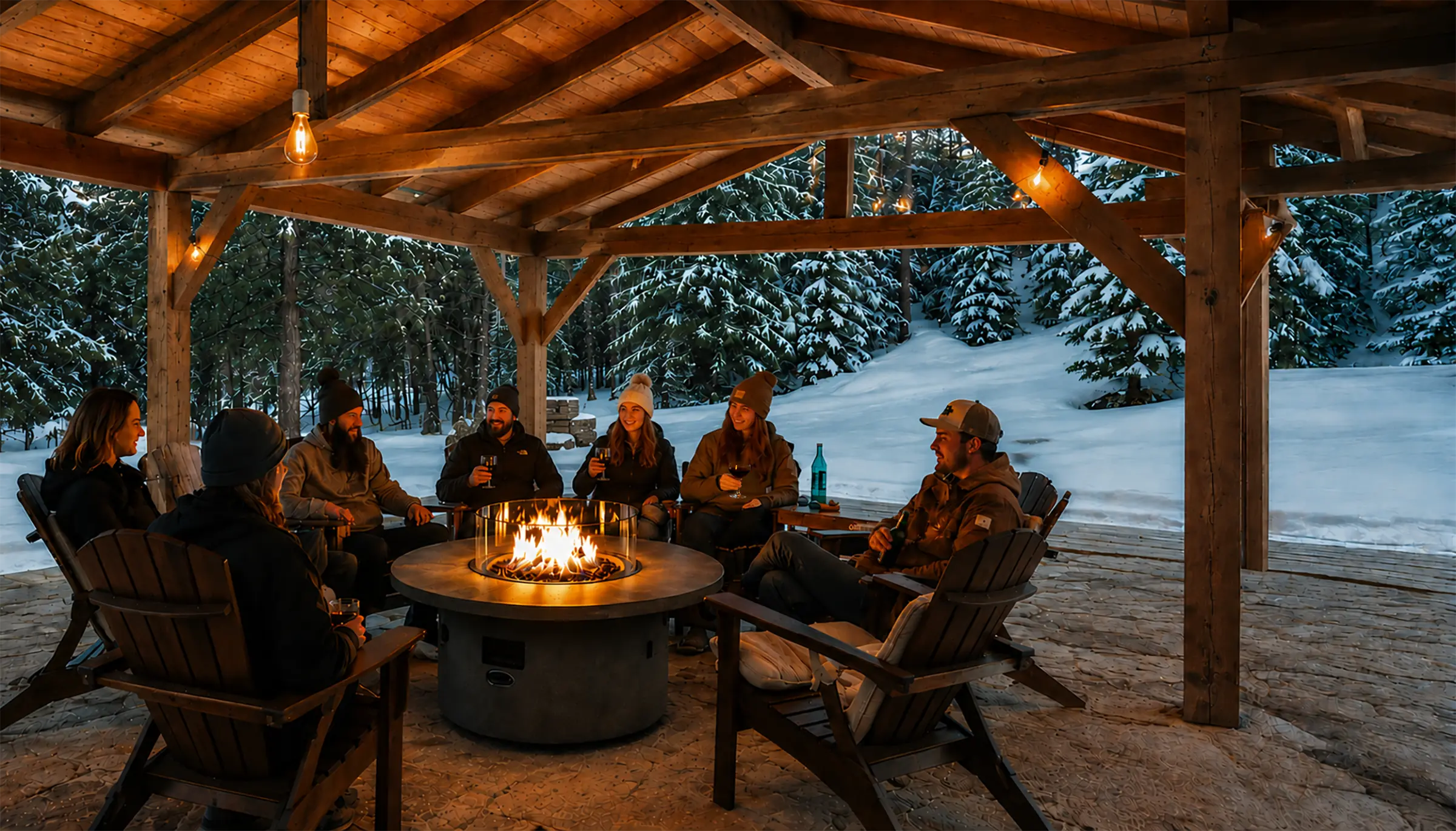 A group of friends gathered around a fire pit under a timber pavilion on a snowy Whistler evening